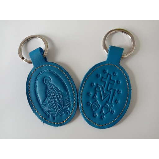 Porte-clés en cuir bleu avec motif médaille miraculeuse de Petite maroquinerie