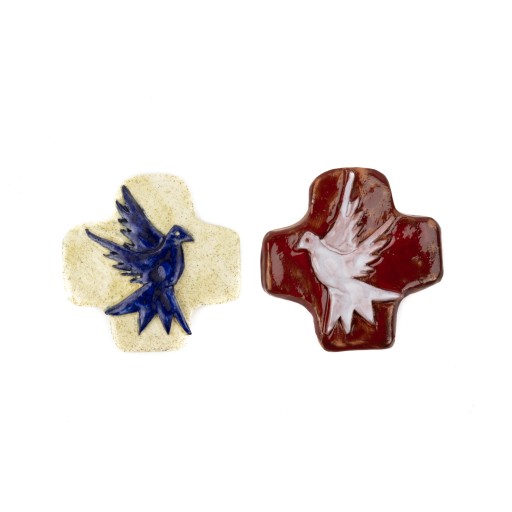 Croix en terre cuite émaillée et colombe. Artisanat monastique -clarisses de Cormontreuil