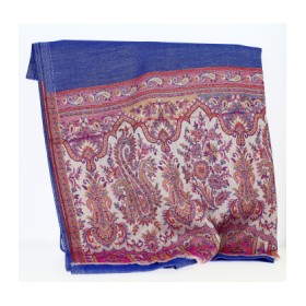 Châle Indien Pashmina Blanc et Vert, Bleu Chiné | ANANDA MATHA (Monastère) - Kerala en Inde