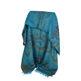 Châle Indien Pashmina Motifs et Bandes Turquoise, Dorées | ANANDA MATHA (Monastère) - Kerala en Inde